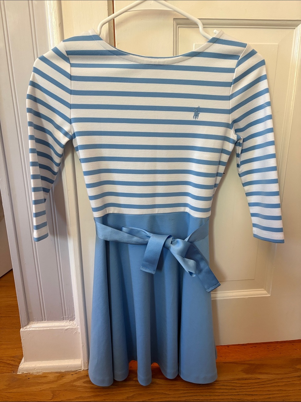 Girls sz 8-10 Ralph Lauren Blue & White Striped Dress with Waist Sash